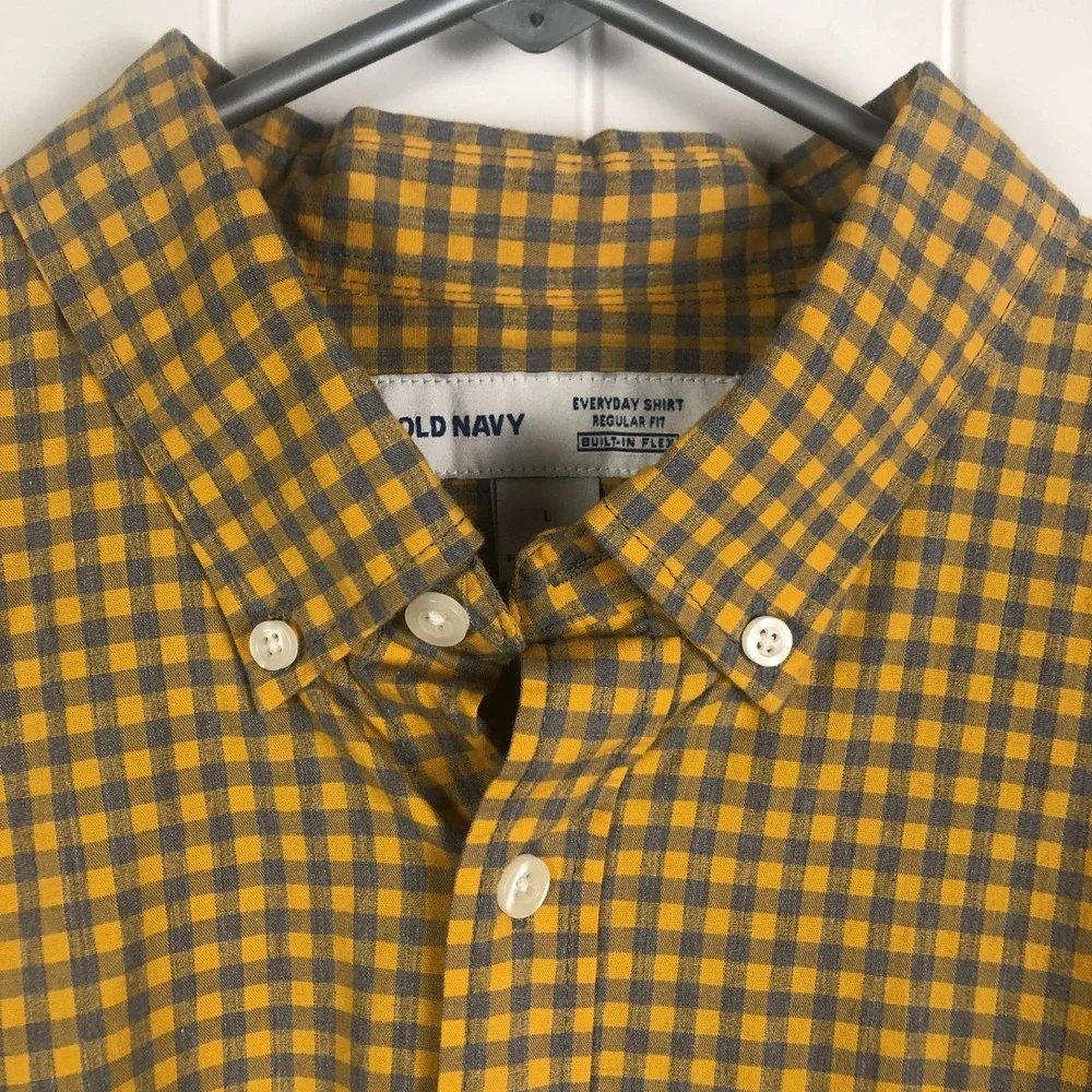 NWT Old Navy Mens Button Down Shirt Yellow Gray Gingham Size Large Cotton Casual - Picture 3 of 9